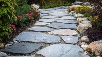 A stone pathway in a garden with rocks and flowers photo