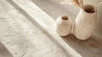 Two Stone Vases with Dried Flowers on a Light Surface photo
