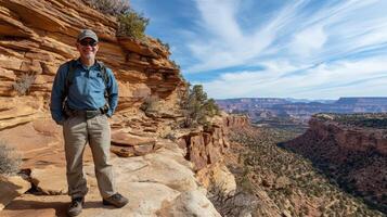 Happy Hiker on Canyon Overlook Scenic Vista photo