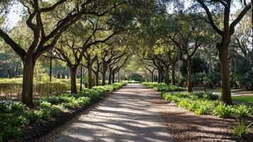 Sunlit Pathway Through A Canopy Of Majestic Oaks photo