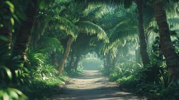 Lush Tropical Path Through Verdant Palm Trees photo