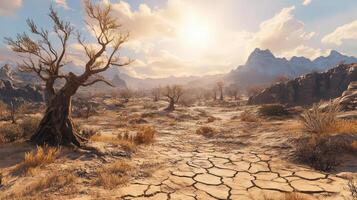Arid Landscape With Bare Trees And Distant Snowy Mountains photo