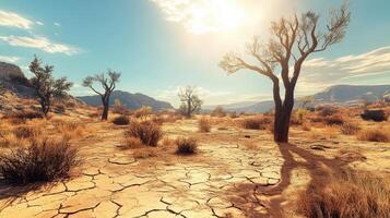 Arid landscape with sparse trees under a bright sun photo