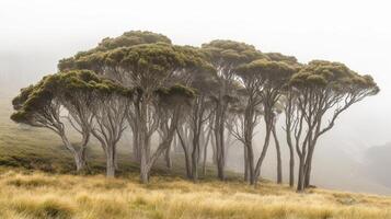 Fog shrouded trees stand tall in a grassy field photo