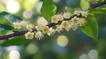 Delicate Pale Yellow Blossoms on a Branch photo