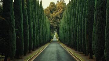 Tall Cypress Trees Line A Serene Garden Path photo