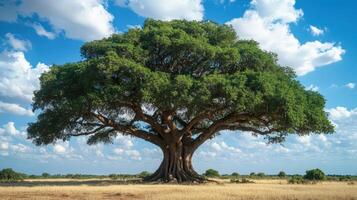 Majestic African Savanna Tree Under a Blue Sky photo