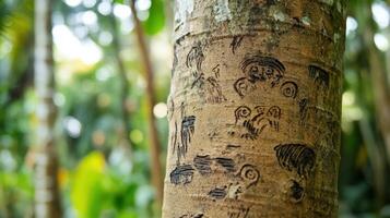 Tree Trunk Carvings Depict Ancient Symbols In Lush Forest photo