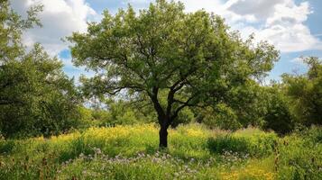 Lush green tree stands in a vibrant wildflower meadow photo