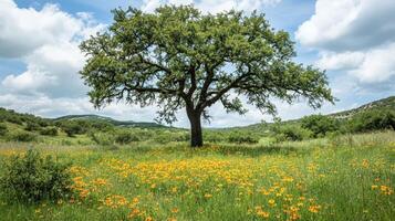 Majestic Oak Tree in a Vibrant Wildflower Meadow photo