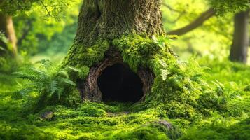 Mossy Tree Hollow Enchanting Forest Scene photo