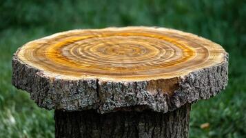 A tree stump displays its beautiful wood grain rings photo