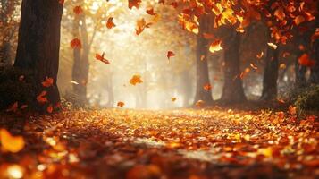 Autumn Leaves Falling in a Sunlit Forest Path photo