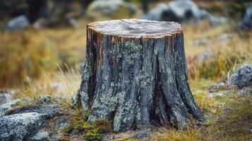 Weathered Tree Stump in a Rocky Meadow photo
