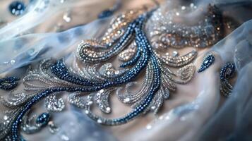 Elegant Blue And Silver Beaded Fabric Detail photo