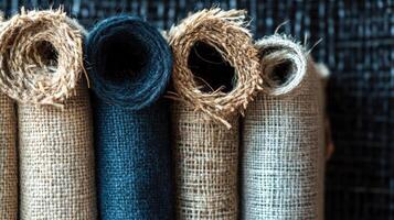 Rolled burlap and fabric textures displayed neatly photo