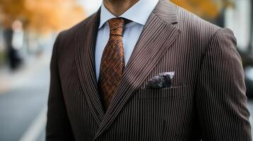 Brown Pinstripe Suit With Orange Tie And Pocket Square photo