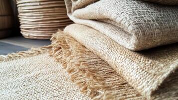 Stacked Beige Woven Textiles and a Basket photo
