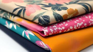 Stacked Colorful Fabrics Displaying Floral And Abstract Prints photo