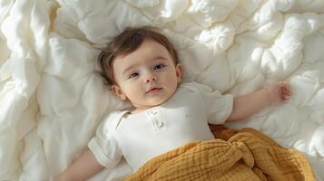 Adorable Baby Boy Lying on Soft White Bedding photo