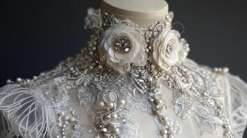 Exquisitely Beaded Lace Collar Detail on a Gown photo