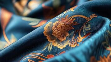 A close up of a blue silk fabric with gold and orange flowers photo