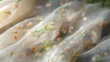 Delicate embroidered floral tulle fabric drapes softly photo