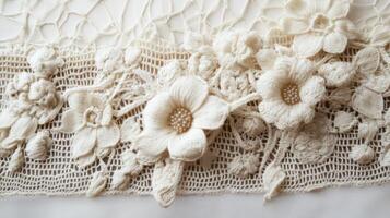 Delicate cream crochet lace adorned with embroidered flowers photo