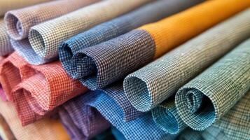 Rolled Fabric Samples Displaying Various Colors And Patterns photo