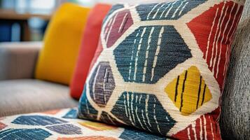 Colorful patterned throw pillows on a couch photo