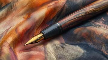 Elegant Wood And Gold Fountain Pen Rests On Fabric photo
