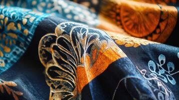 Draped fabric showcases intricate floral patterns in rich colors photo