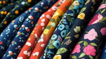 Colorful Floral Fabric Rolls Displayed in a Row photo