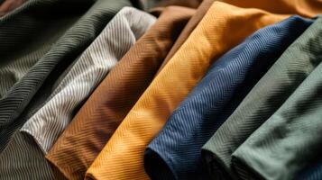 A collection of textured fabrics in various earthy tones photo