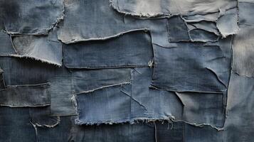 A patchwork of various denim scraps creates a textured background photo