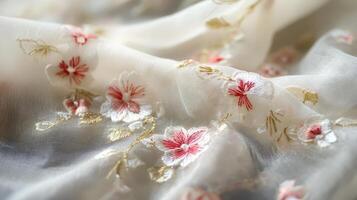 A close up of a white fabric with red and pink flowers photo