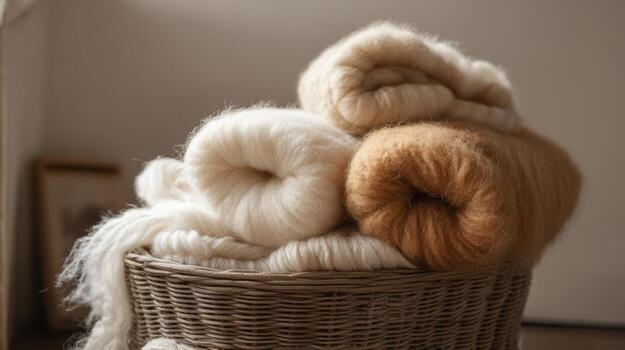 Soft Fluffy Yarn Rolls In A Wicker Basket photo