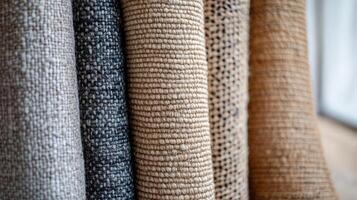 Rolled fabric samples display various textures and colors photo