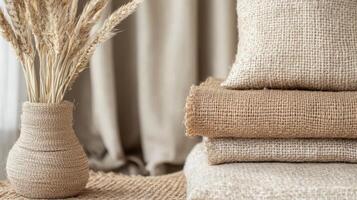 Dried Wheat Stalks in Vase with Stacked Burlap Fabrics photo