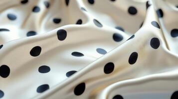 Draped cream silk fabric with black polka dots photo