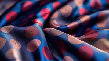 Blue Silk Fabric with Red and Beige Circles photo