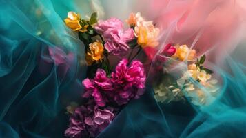 Colorful flowers nestled in sheer fabric layers photo