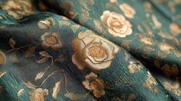 A close up of a green and gold floral fabric photo