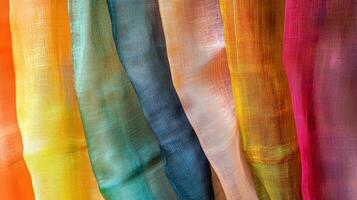 Colorful Sheer Fabric Drapes Hanging In Rows photo