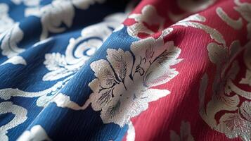 Red and Blue Fabric with Silver Floral Design photo