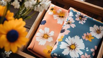 Floral Fabric Samples in Wooden Box with Flowers photo
