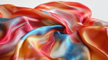 A colorful silk scarf with a blue, orange and red design photo