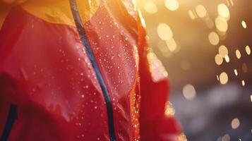 Red waterproof jacket covered in raindrops outdoor photo