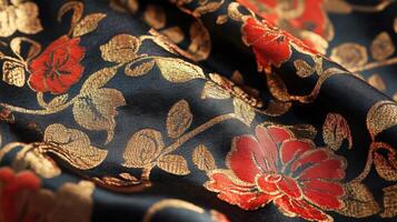 Richly textured fabric with red and gold floral designs photo