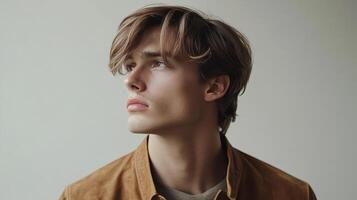 Young Man with Brown Hair Wearing a Suede Jacket photo